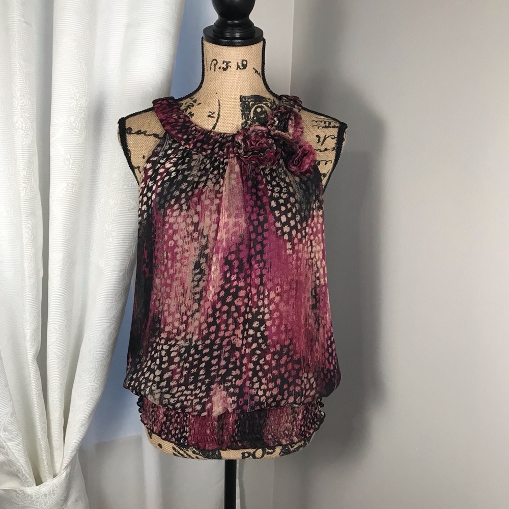 BCX Sheer Overlay Sleeveless Shirt Banded Waist